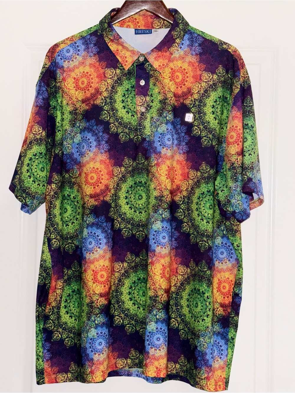 HRESKI 164 Mens XXL Multicolor Mandalas Art Short Sleeve Performance Golf Shirt